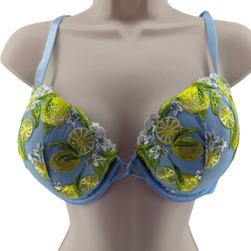 Victoria's Secret Dream Angels Breaker Blue Lemon Embroidery Demi Bra 36D
